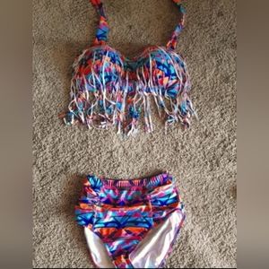 Multi colored high waisted bikini with fringe size XXL